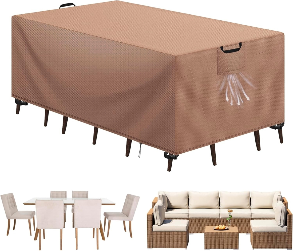 Aujink Abdeckung Gartenmöbel Winterfest, Wasserdichte Schutzhülle Gartenmöbel 420D Oxford Anti-UV Abdeckplane für Gartentische Terrassenmöbel Regenschutz und Staubfest Abdeckhaube Khaki 150 x 90 x 75 cm Bild 1