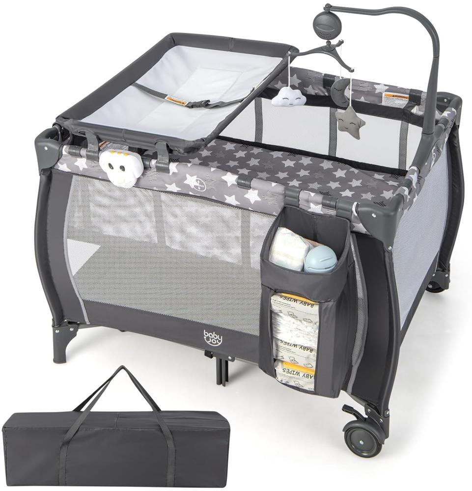 COSTWAY 3 in 1 Babybett klappbar, 2 Ebenen Reisebett mit Faltbarer Matratze, Wickelauflage, Spieluhr, Spielbogen & Tragetasche, Beistellbett mit Rollen für Baby bis 3 Jahren (Dunkelgrau) Bild 1