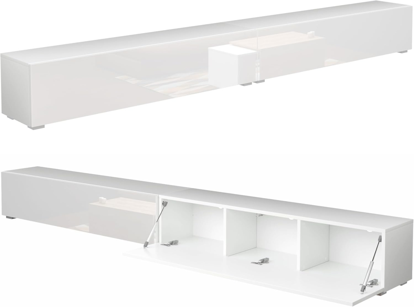PLATAN ROOM Fernsehschrank TV-Lowboard 105/140 / 160/210 / 280 In Weiß Hängend Oder Stehend Hochglanz Matt (280 x 30 x 32, Weiß Matt/Weiß Hochglanz) Bild 1