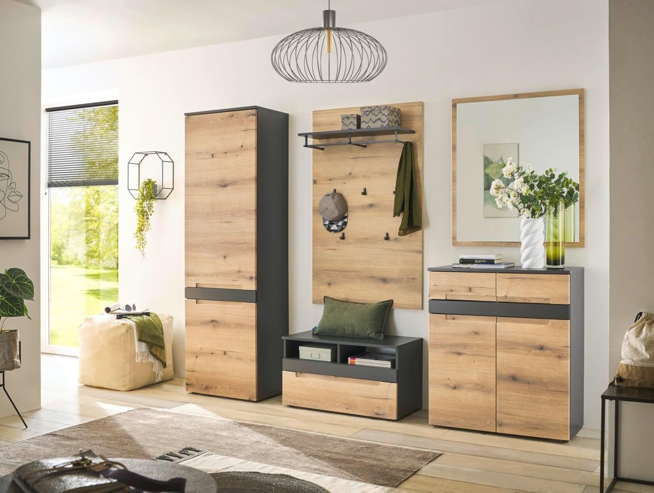 moebel-dich-auf Garderoben-Set TARENT, (Komplett-Set, Garderobenschrank + Paneel + Bank + Spiegel + Schuhkommode), in Anthrazit MDF / Evoke Oak MDF Bild 1