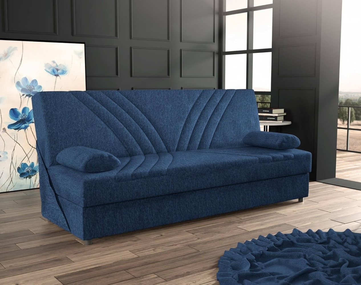 Dmora - Schlafsofa Ramon, 3-Sitzer-Container-Schlafsofa mit 2 Kissen inklusive, Wohnzimmersofa aus gepolstertem Stoff mit Klick-Klack-Öffnung, Cm 181x81h88, blau Bild 1