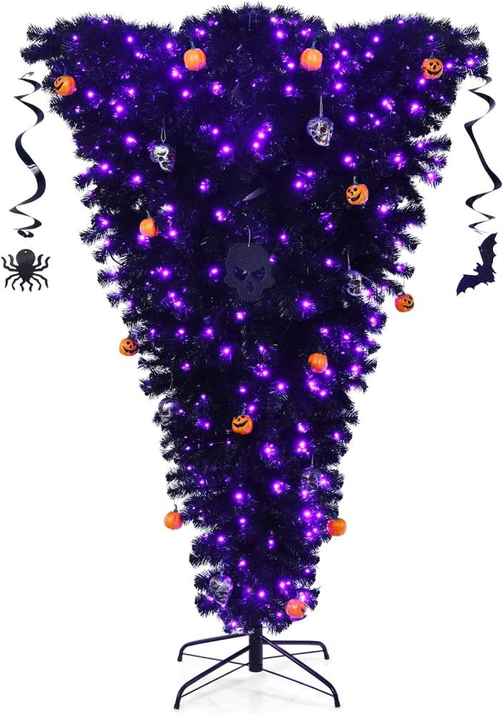 COSTWAY 180cm LED Weihnachtsbaum mit 270 lila Leuchten, Künstlicher Tannenbaum Kopfüber, Dekobaum für Halloween und Weihnachten, Kunstbaum mit Dekorationen, Klappsystem und Metallst?nder, schwarz Bild 1