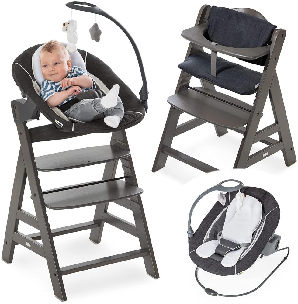 Hauck Alpha Plus Newborn Set Deluxe - Baby Holz Hochstuhl ab Geburt mit Liegefunktion - inkl. Aufsatz für Neugeborene & Sitzpolster - mitwachsend, verstellbar - Charcoal Grau Bild 1