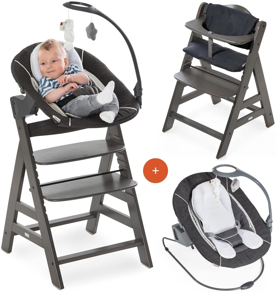 Hauck Alpha Plus Newborn Set Deluxe - Baby Holz Hochstuhl ab Geburt mit Liegefunktion - inkl. Aufsatz für Neugeborene & Sitzpolster - mitwachsend, verstellbar - Charcoal Grau Bild 1