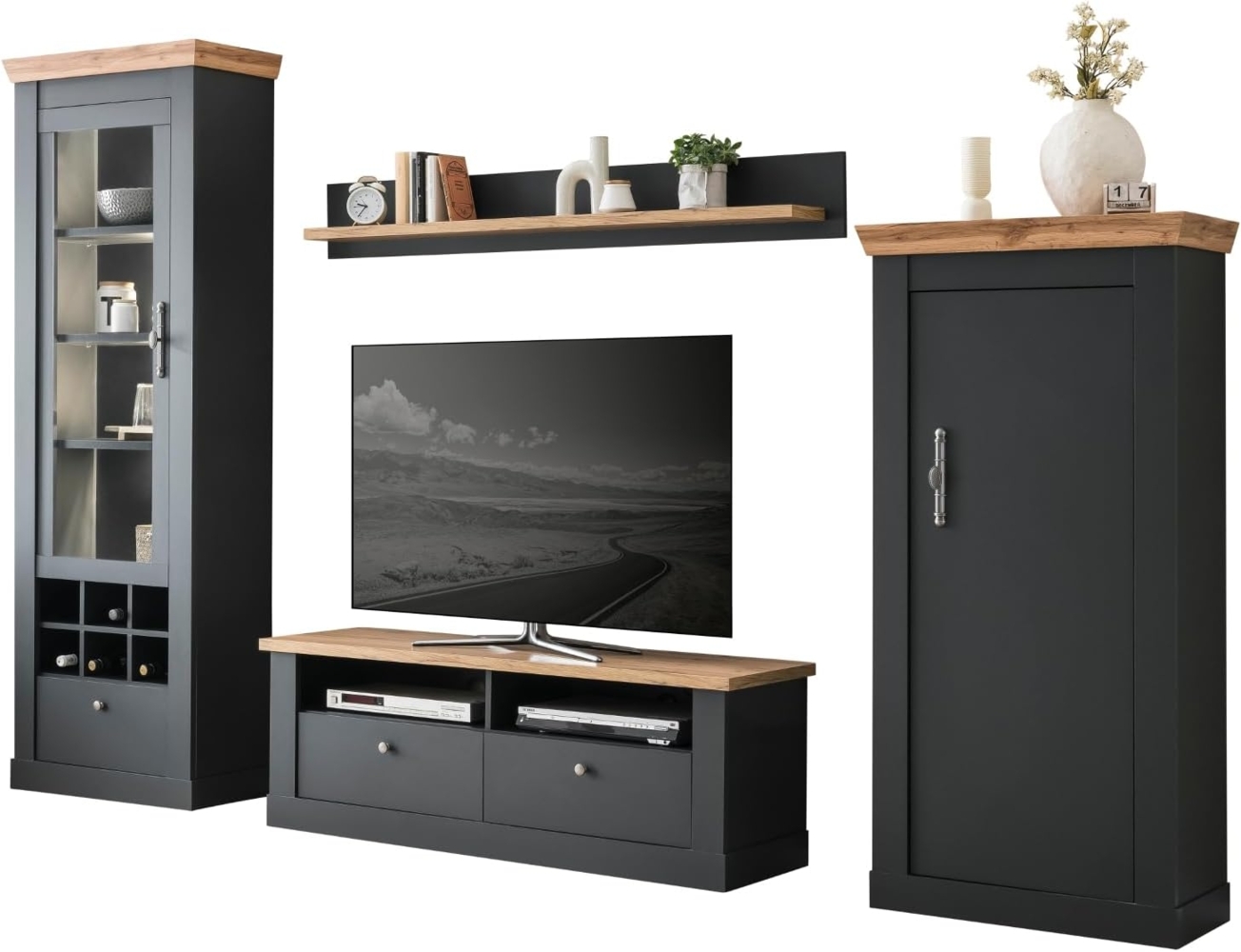 Wohnwand Ribera in grau und Eiche Wotan Landhaus 299 cm Bild 1