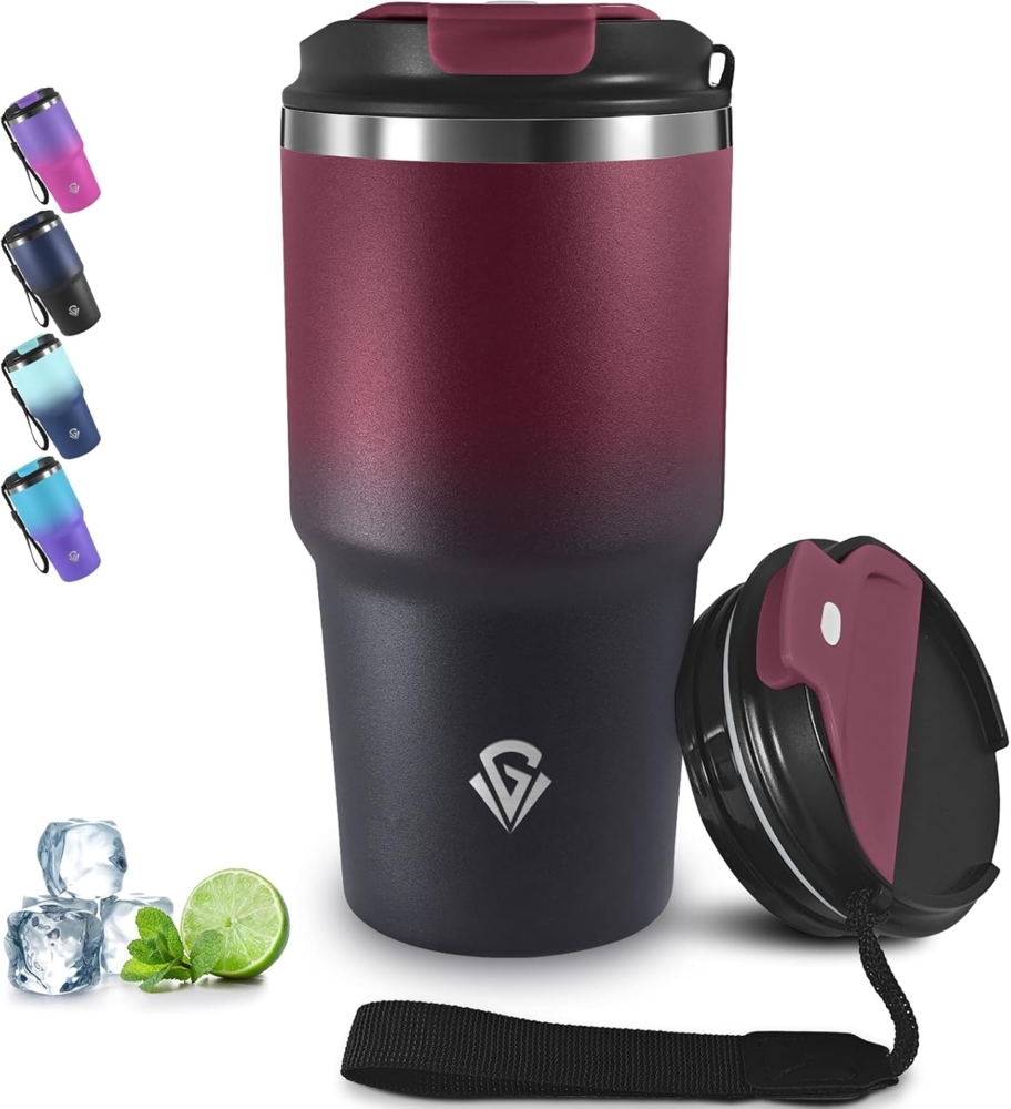 Grsta 20oz Kafferbecher to Go, Thermobecher mit Trageriemen, 8h Eisgekühlt / 6h Heiß, Auslaufsichere Trinkbecher Isoliert, Vakuumisoliert Isolierbecher, Thermobecher für Heiß Kaltgetränke Bild 1
