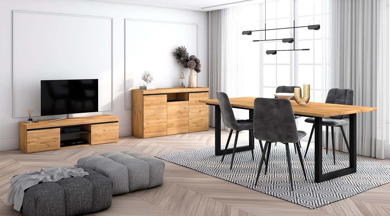 Skraut Home - Wohnzimmermöbel-Set | Tisch 200 U-Beine 10 Personen | Lowboard 140 | Sideboard/Buffetschrank 140 | Eiche und Schwarz | Industrieller Still Bild 1