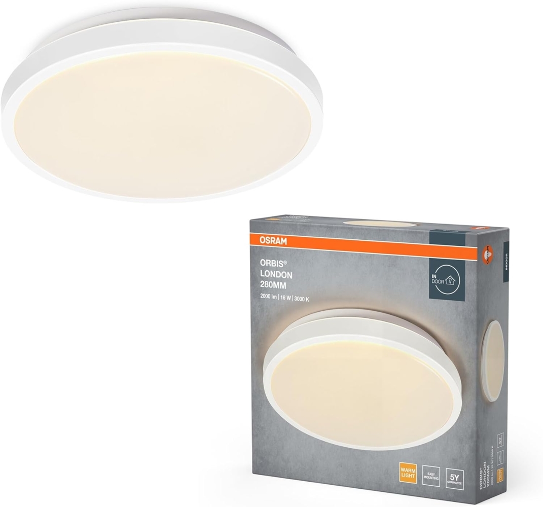 Osram ORBIS LONDON LED-Deckenleuchte 280mm, weiß, 16W, 2000lm, warmweiße Lichtfarbe, sehr homogene Lichtverteilung, lange Lebensdauer, fest verbautes LED-Modul, rund, IP20 Schutzklasse, 3000K Bild 1