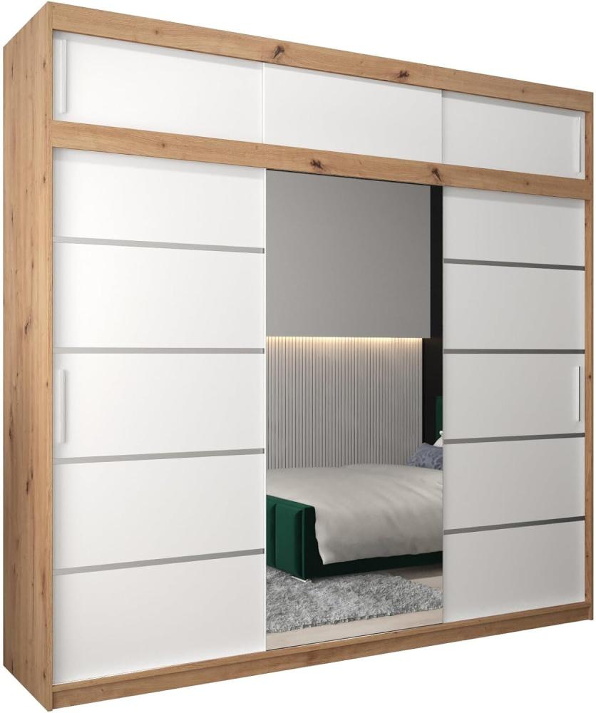 Kryspol Schwebetürenschrank Verona 2-250cm mit Spiegel Kleiderschrank mit Kleiderstange & Einlegeboden Schlafzimmer-Wohnzimmerschrank Schiebetüren Modern Design (Artisan Eiche + Weiß mit Erweiterung) Bild 1