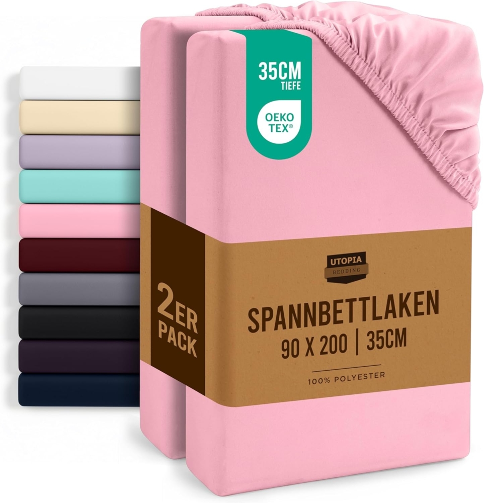 Utopia Bedding - 2er Set Spannbettlaken 90x200 cm - Rosa - Gebürstete Mikrofaser Spannbetttuch - 35 cm Tiefe Tasche Bild 1