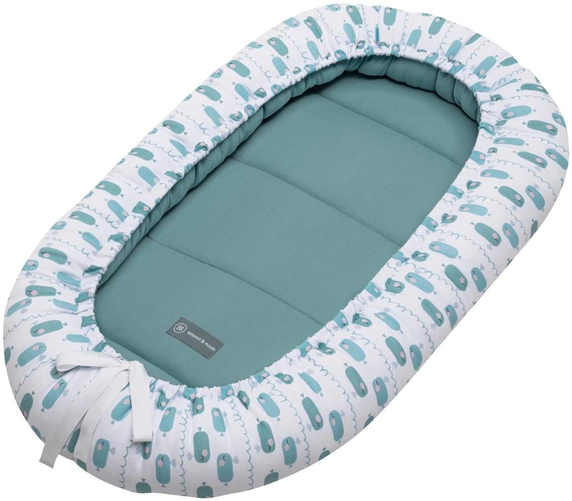 emma & noah Premium Babynest, Babynestchen Neugeborene, Bio-Baumwolle, 90x55 cm, Extra Weich Gepolstert, OEKO-TEX - Frei von Schadstoffen, Hochwertige Verarbeitung (Wal Blau) Bild 1