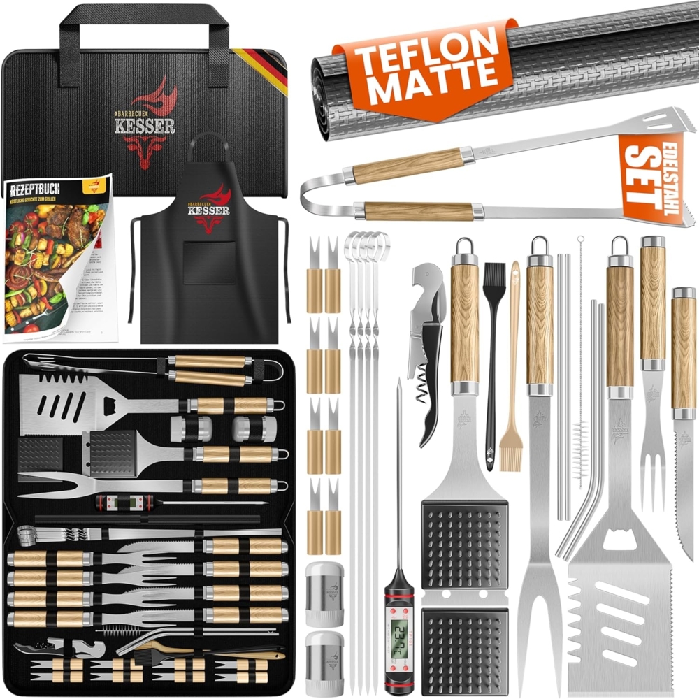 KESSER® Grillbesteck Set 37-teilig Grillzubehör aus rostfreiem Edelstahl Grillset mit Grillzange, Grillwender, 4in1 Grillspatel, Grillgabel, Grill-Spieß, Thermometer, Korkenzieher, Grillmatte & Tasche Beige Bild 1