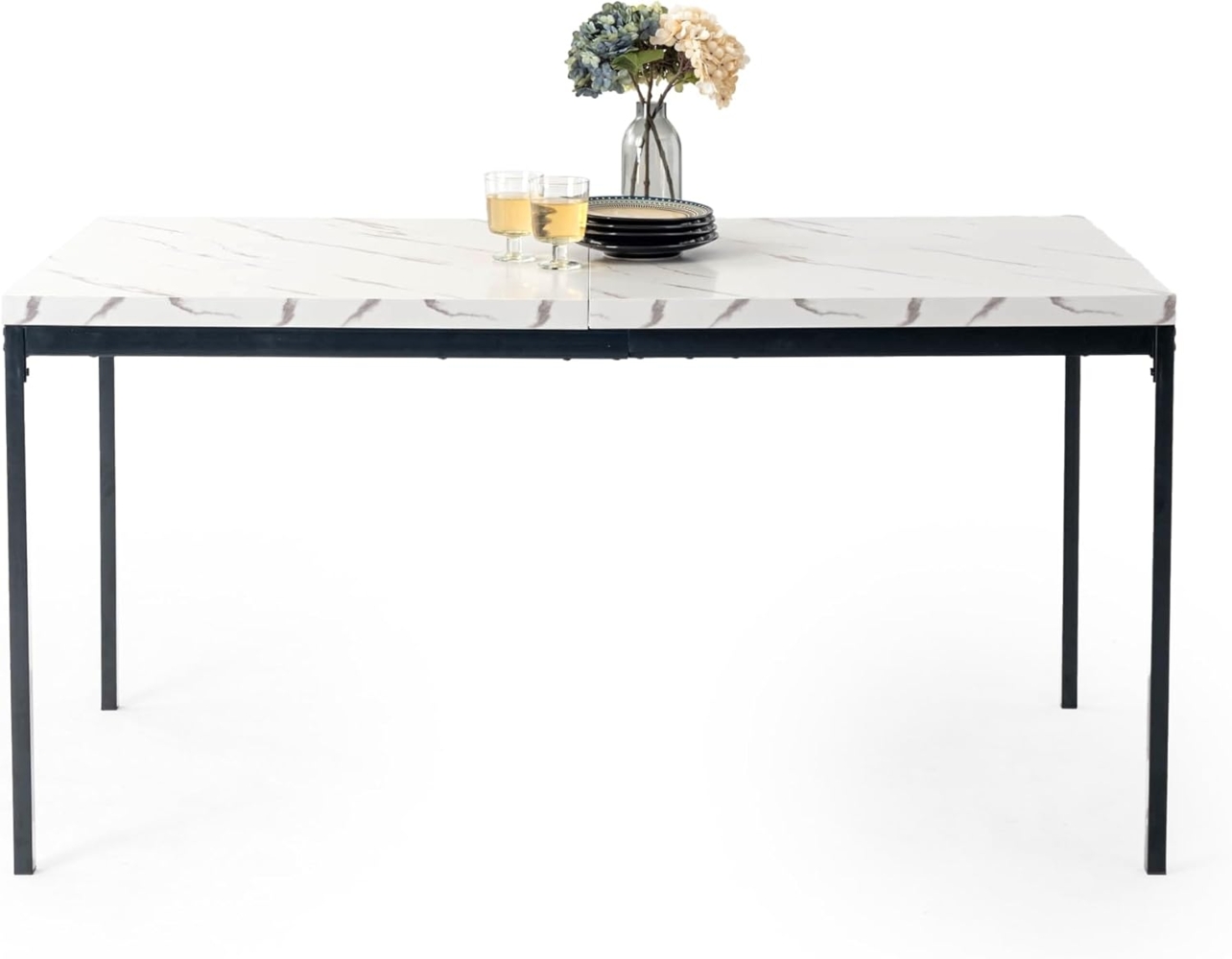 FurnitureR Esstisch 150cm Heller Luxus-Marmoreffekt-Küchentisch mit Hochleistungsmetallbeinen Moderner hölzerner rechteckiger Esstisch für 4-6 Person Esszimmer Restaurant Apartments, weißer Marmor Bild 1