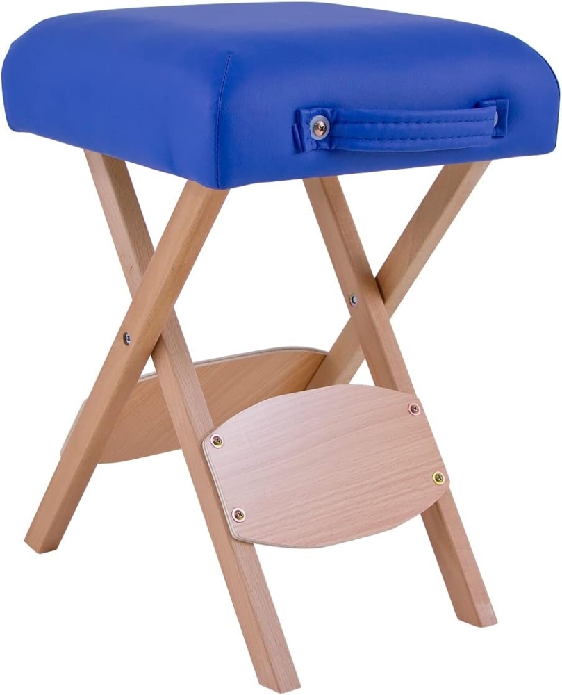 QUIRUMED Klapphocker aus Holz mit Sitz, blau gepolstert, vielseitig einsetzbar, Beistelltisch, Fußstütze, Kunstleder, transportabel, bis 100 kg, 33 x 33 x 48 Bild 1