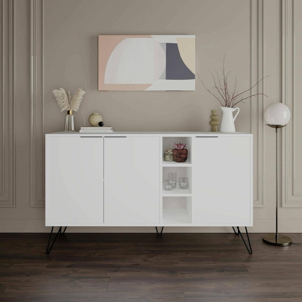 Dmora - Kommode Perseus, Wohnzimmerbuffet, Wohnzimmer-Sideboard, Moderne Küchen-Speisekammer, 142x36h83 cm, Weiß Bild 1