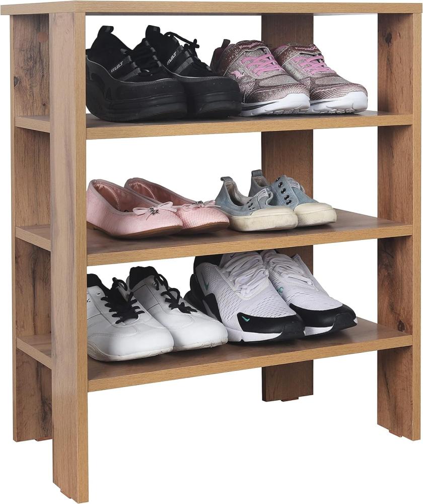 RICOO Schuhregal schmal und hoch 70x55x32cm Standregal Pressholz Eiche Braun WM039-EW, Schuhständer mit 3 Ebenen, Schuhschrank offen, Schuhablagen Flur Shoe Rack, Schuhablage klein, Schuhregale Bild 1