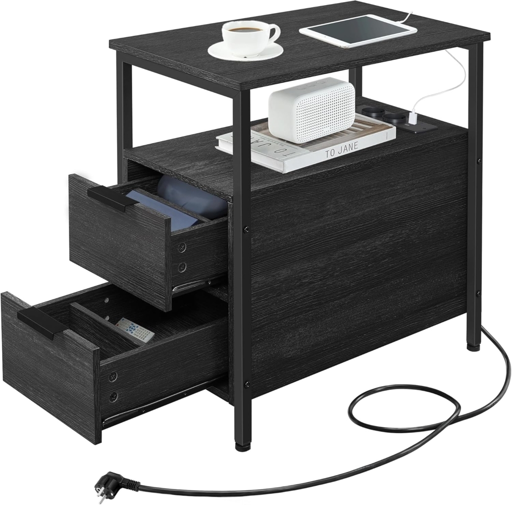 VASAGLE Beistelltisch, 2er Set, Nachttisch mit Steckdosenleiste, 2 Schubladen, Sofatisch, Nachtschrank für Wohnzimmer, Schlafzimmer, anthrazitgrau-klassikschwarz LCT648B22 Bild 1