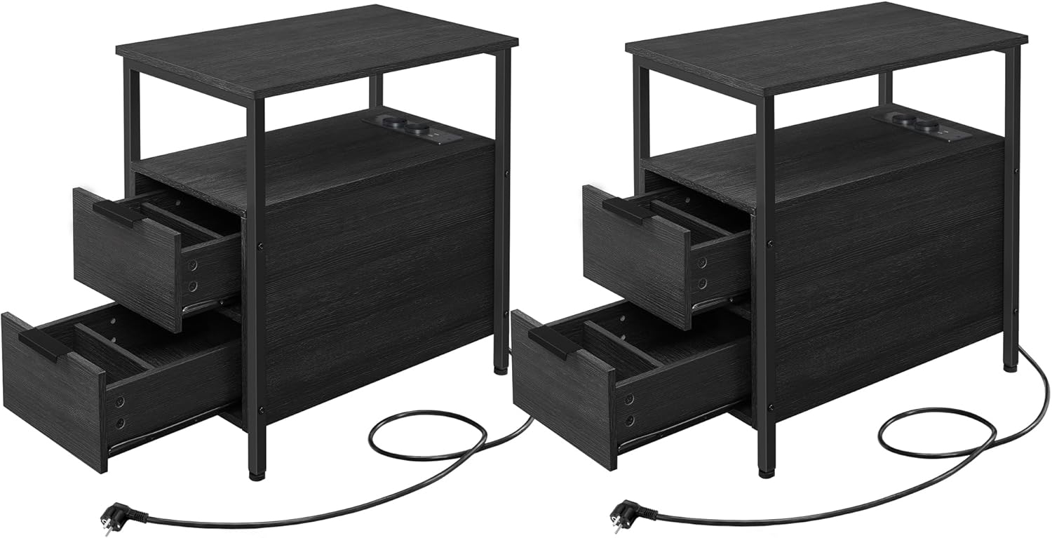 VASAGLE Beistelltisch, 2er Set, Nachttisch mit Steckdosenleiste, 2 Schubladen, Sofatisch, Nachtschrank für Wohnzimmer, Schlafzimmer, anthrazitgrau-klassikschwarz LCT648B22 Bild 1