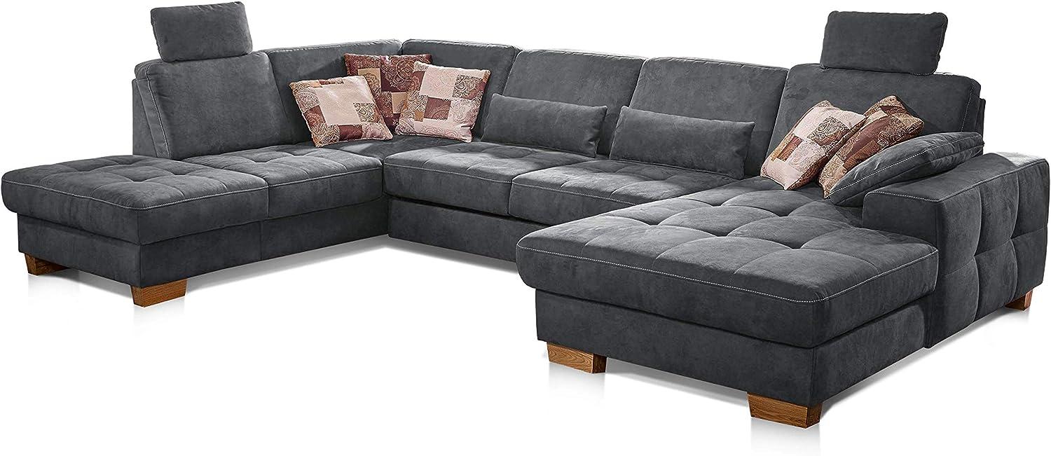 CAVADORE Wohnlandschaft Puccino mit Federkern, verstellbarer Rückenlehne und 2 Kopfstützen / Sofalandschaft in U-Form im Landhaus-Design / 340 x 86 x 224 cm / Mikrofaser grau Bild 1