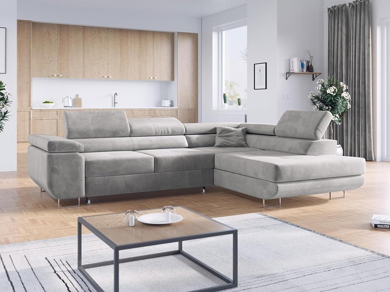 Ecksofa L-Form Couch mit Schlaffunktion und Verstellbare Kopfstützen - GUSTAW - Hellgrau Velours - Rechts Bild 1