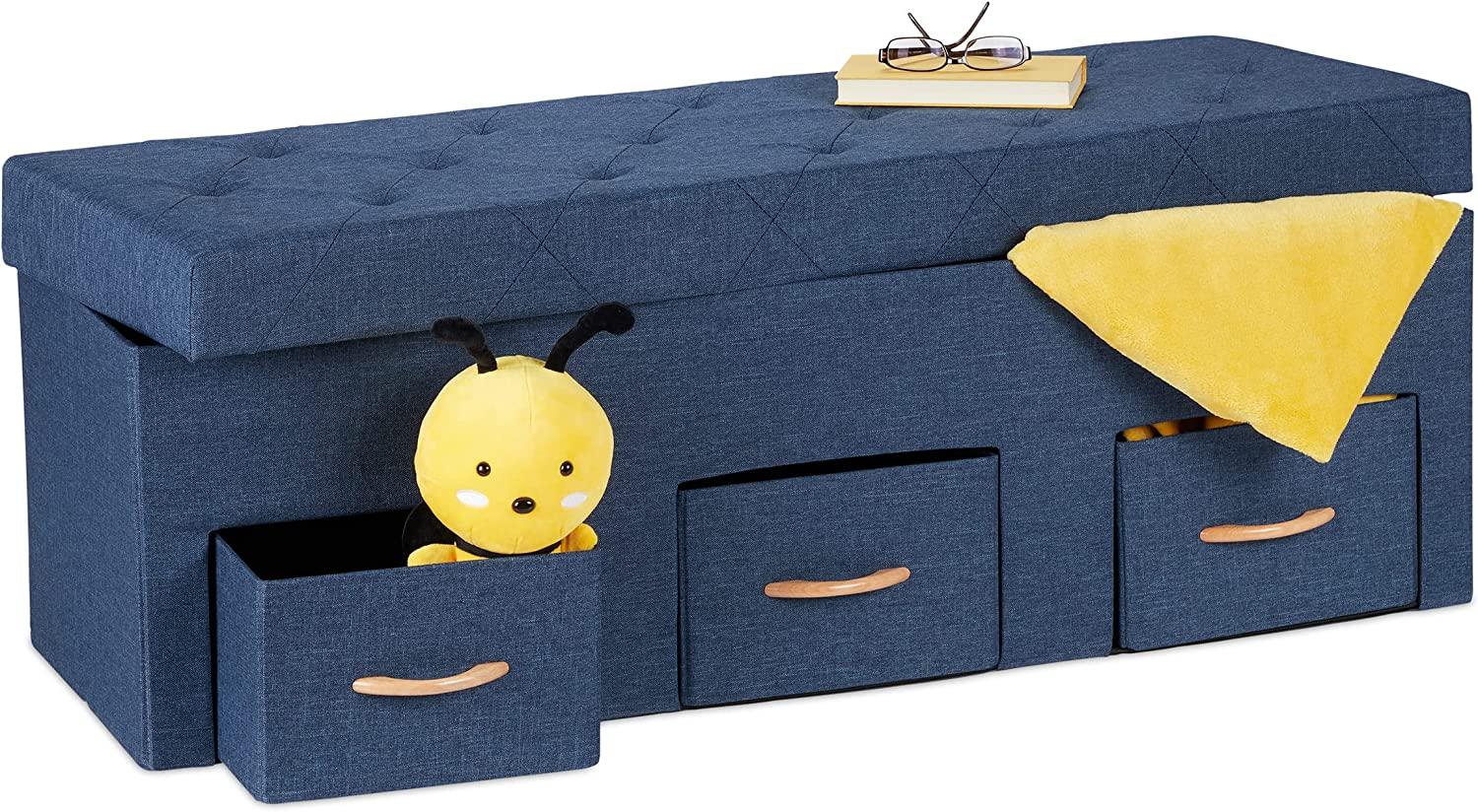 Relaxdays Sitzbank mit Stauraum, 3 Schubfächer, Flur, Wohn-& Schlafzimmer, HBT: 40 x 120 x 40 cm, Faltbare Banktruhe, blau Bild 1