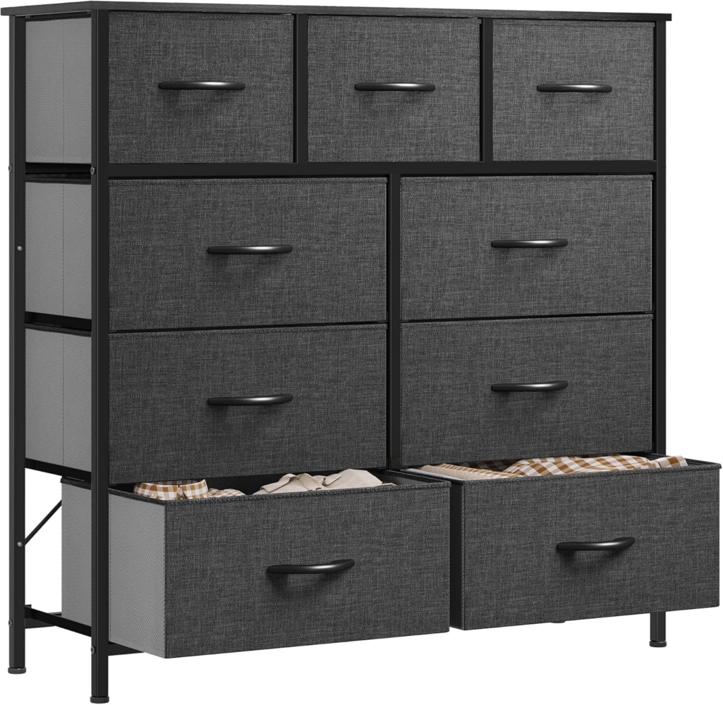 YITAHOME kommode mit Schubladen, Schrank mit 9 Schubladen aus Stoff, Aufbewahrungskommode Industrial Stil für Schlafzimmer, Wohnzimmer, Kinderzimmer, Flur, Aufbewahrungsschrank, Schwarzgrau Bild 1