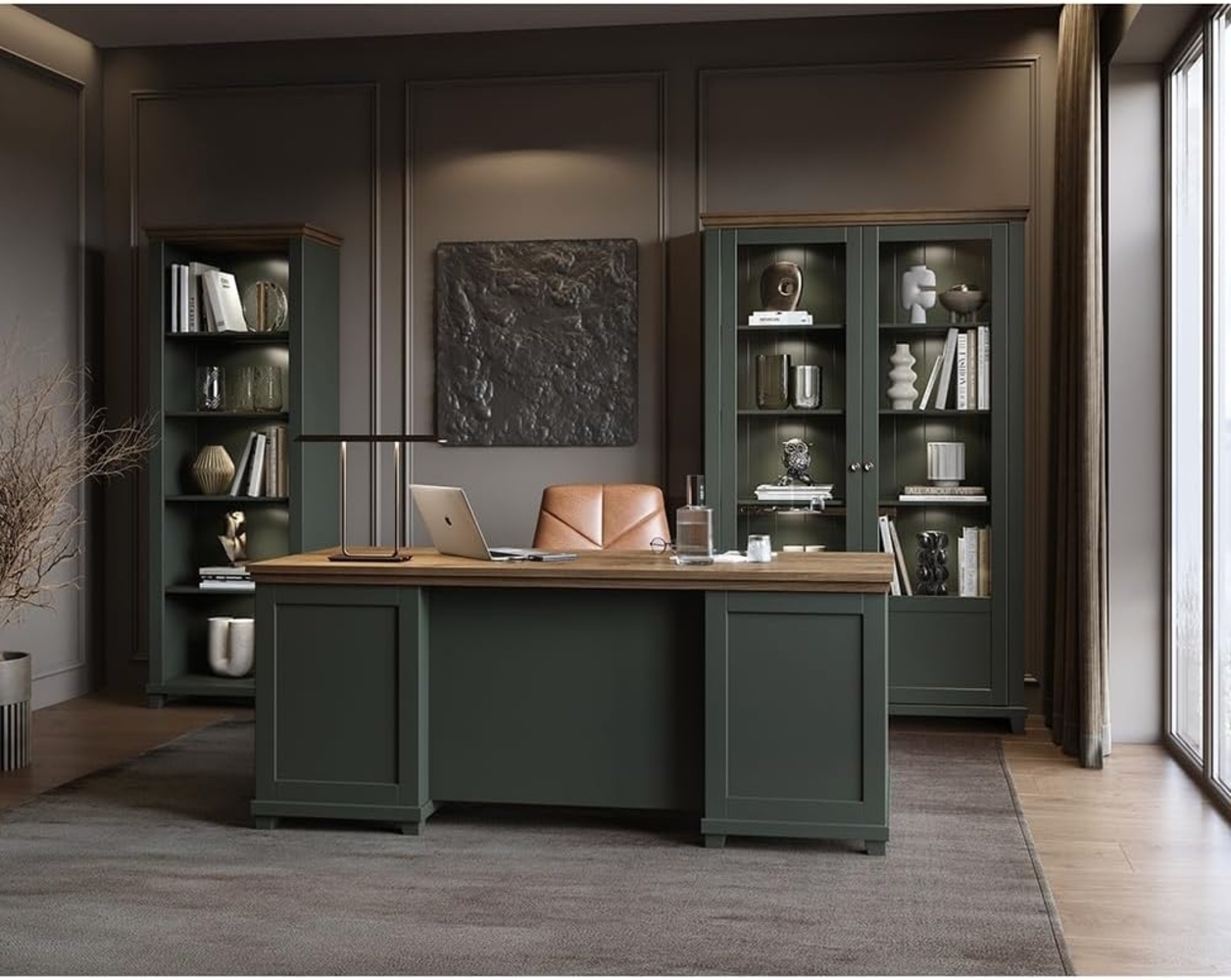 Lomadox Büromöbel-Set EPSOM-83, (Spar-Set, 3-tlg, Schreibtisch Vitrine Aktenregal), in grün mit Eiche, Softclose-Funktion, Rückwand mit Lamellen Optik Bild 1