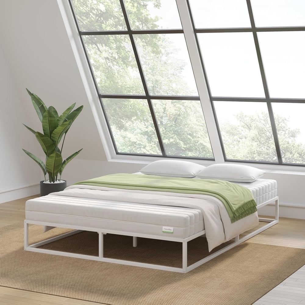Novilla Bettgestell 160x200 cm,Bettrahmen 25 cm Hohe, Bettgestelle mit Lattenrost Holzlattenunterstützung, Stauraum unter dem Bett,Weiß Bild 1