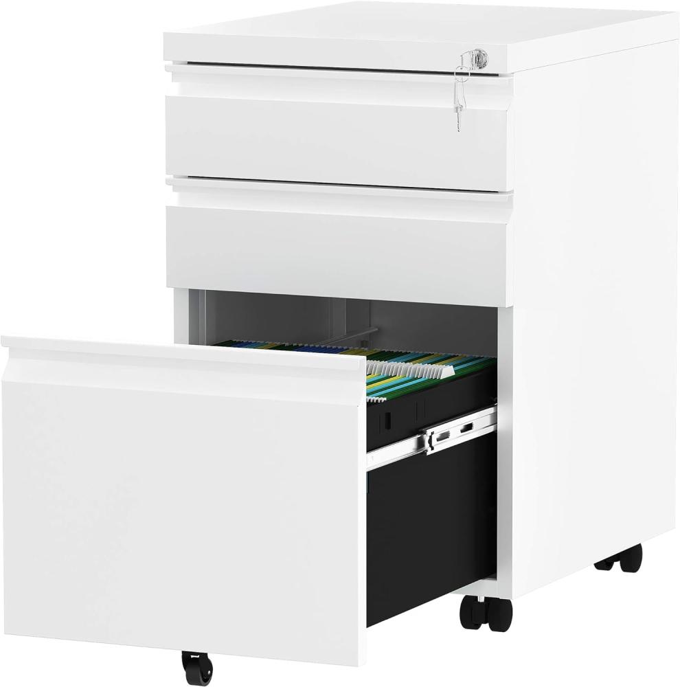 YITAHOME Vollständig Montierter Aktenschrank mit 3 Schubladen, Abschließbarer Rollcontainer für Briefe/legal/A4-Größe, Home Office Mobiler Aktenschrank mit Rad, Weiß, 46 x 39 x 62 cm Bild 1