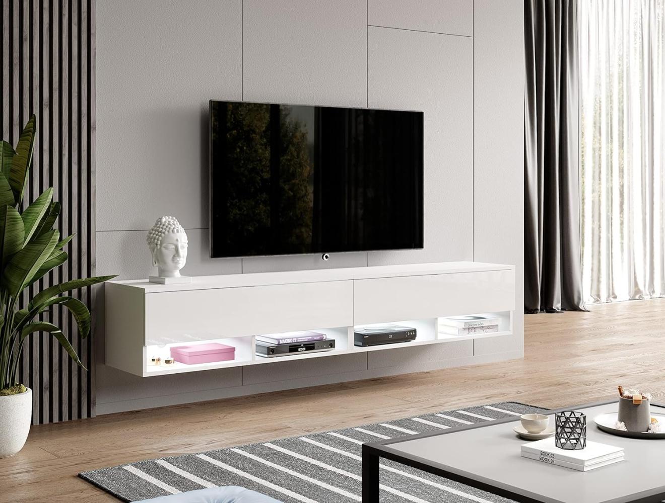 Furnix TV Lowboard Alyx Fernsehschrank Kommode B200 x H34 x T32 cm - ohne LED-Beleuchtung, TV-Schrank Sideboard 4 Fächer mit Tür „Push-Click“, 4 offene Ablagen unten, Wandmontage möglich (2x100) Bild 1