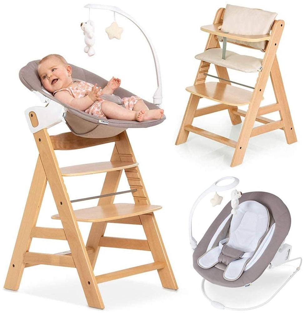 Hauck Alpha Plus Natur Newborn Set Deluxe - Baby Holz Hochstuhl ab Geburt mit Liegefunktion - inkl. Aufsatz für Neugeborene & Sitzpolster - mitwachsend, verstellbar Bild 1