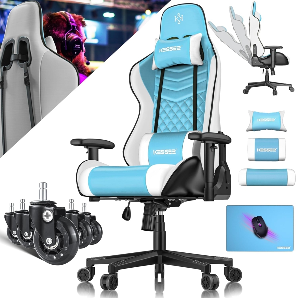 KESSER® Gamingstuhl mit Kopfstütze & Lendenkissen | Ergonomischer Gaming Sessel 150kg belastbar | Gamer Stuhl 360° Armlehne | Drehbarer Schreibtischstuhl Gaming Chair mit Mauspad + Gummi-Rollen Hellblau / Weiß Bild 1