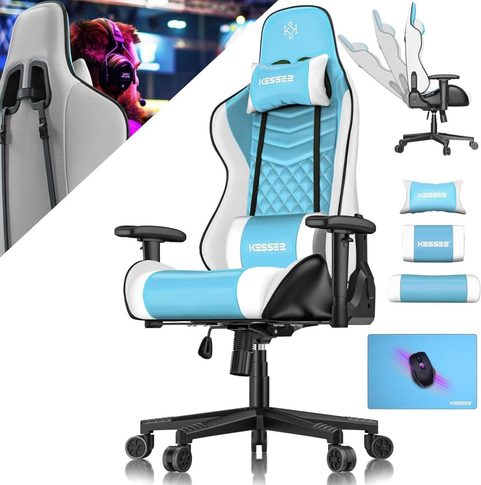 KESSER® Gamingstuhl mit Kopfstütze & Lendenkissen | Ergonomischer Gaming Sessel 150kg belastbar | Gamer Stuhl 360° Armlehne | Drehbarer Schreibtischstuhl Gaming Chair mit Mauspad + Gummi-Rollen Hellblau / Weiß Bild 1