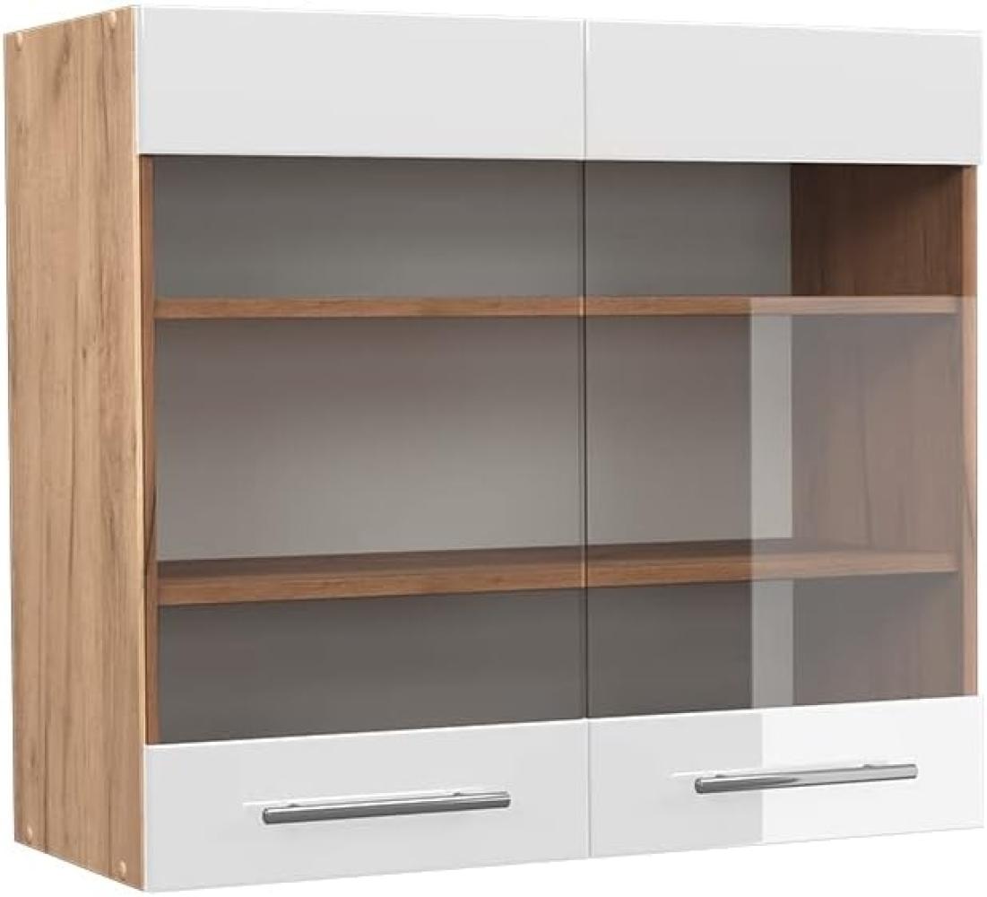 Vicco Küchenschrank Küchenmöbel Fame-Line modern Küche Einbauküche Küchenzeile Blende Unterschrank Hochschrank Hängeschrank Hochglanz (Eiche-Weiß, Hängeglasschrank 80 cm) Bild 1