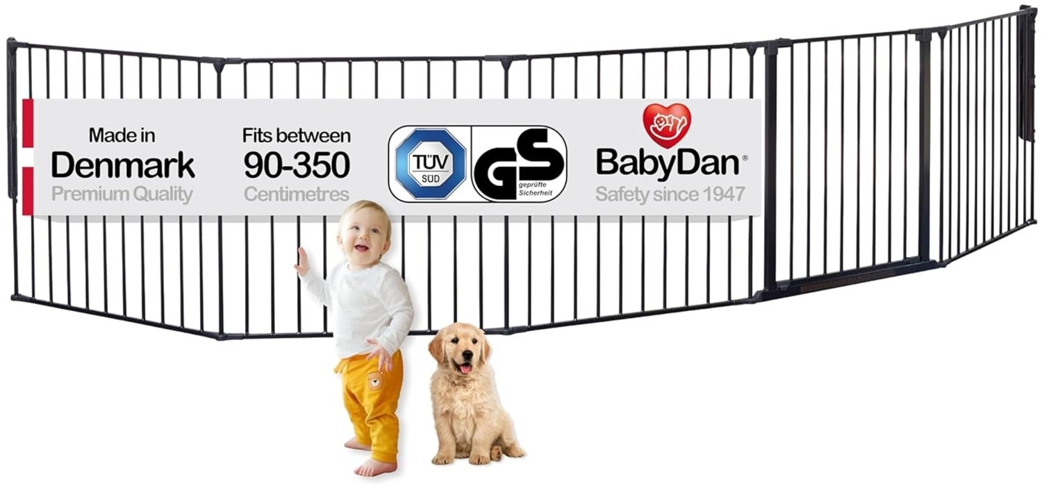 Baby Dan Kaminschutzgitter/Raumteiler Flex XXL 90 - 350 cm, Anthrazit - Hergestellt in Dänemark + TÜV/GS geprüft Bild 1