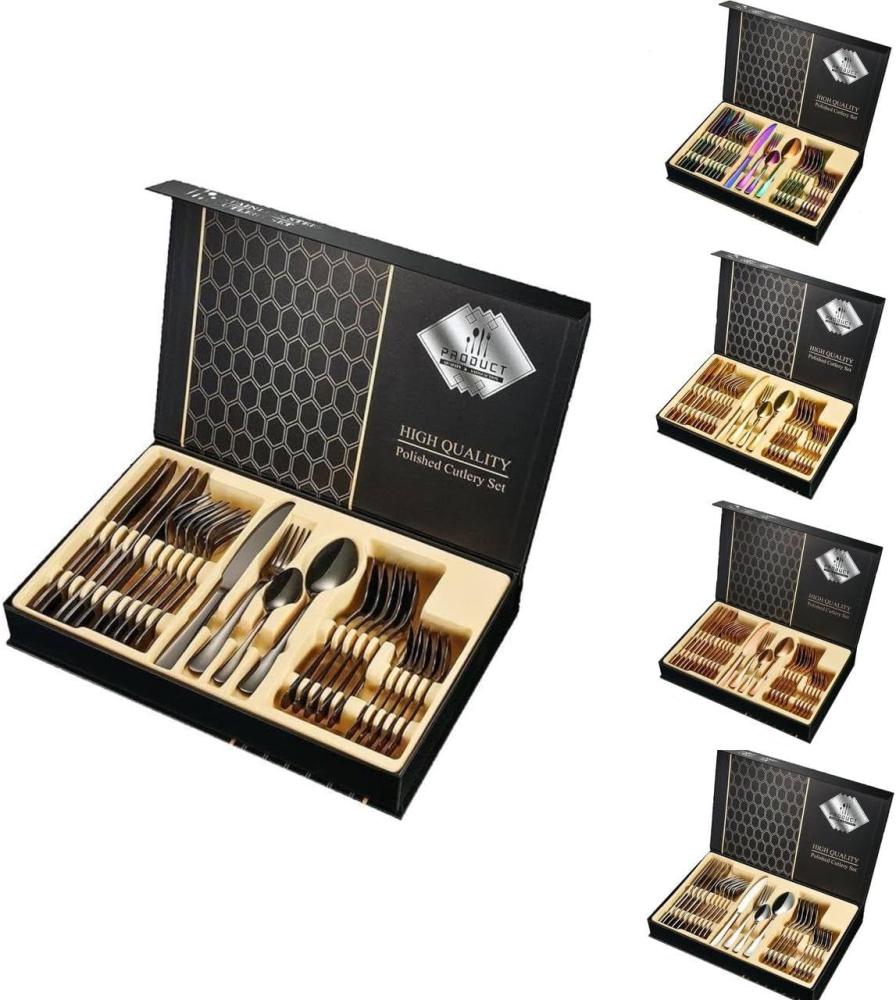 [Besteckset 24 tlg. [Gift Box] in verschiedenen Farben] glänzendes Edelstahlbesteck für. 6 Personen Messer, Gabel, Löffel Cutlery Set mit Geschenkbox Schwarz Bild 1