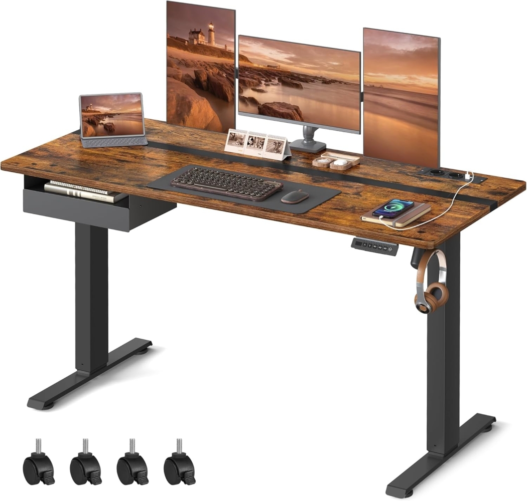 Vasagle Höhenverstellbarer Schreibtisch elektrisch, stufenlos verstellbar, Memory-Funktion mit 4 Höhen, vintagebraun-schwarz, 60x140 cm Tischoberfläche Bild 1
