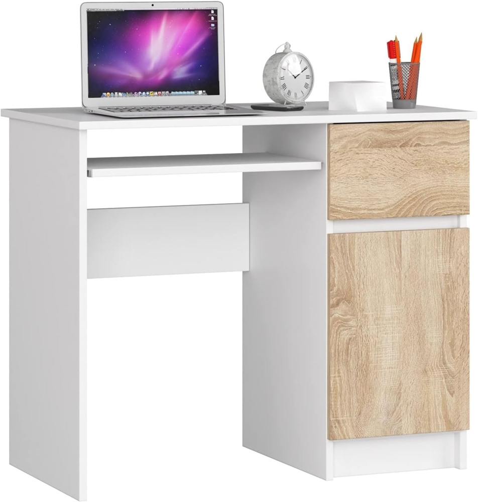 Home Collective Computertisch Schreibtisch Bürotisch Gaming Tisch mit ausziehbarer Tastaturablage, mit 1 Schublade und 1 Tür rechts, 90 x 50 x 77 cm, weiß sonoma Bild 1