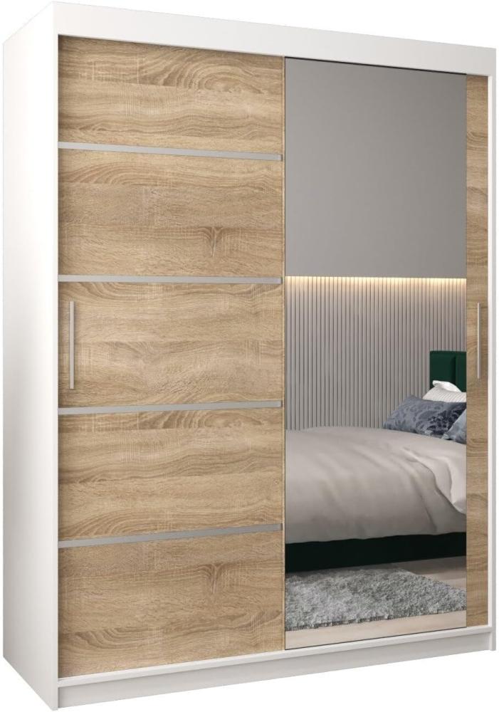 Kryspol Schwebetürenschrank Verona 2-150 cm mit Spiegel Kleiderschrank mit Kleiderstange und Einlegeboden Schlafzimmer- Wohnzimmerschrank Schiebetüren Modern Design (Weiß + Sonoma) Bild 1