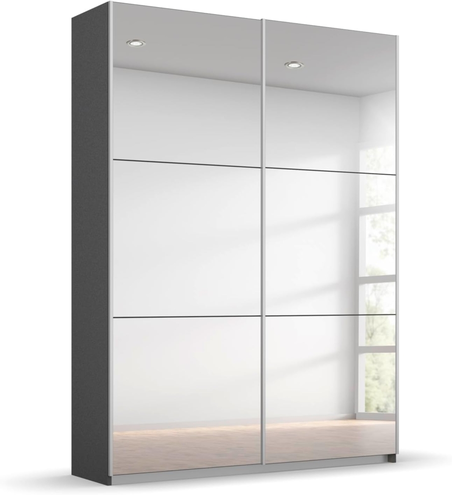 Rauch Möbel Reflect, Schwebetürenschrank, Kleiderschrank, Schrank mit Spiegel, Garderobe, 2-türig, 2 Spiegeltüren, inkl. Stoffkisten und weiterem Zubehör, Farbe Grau metallic, Schwarz, 131 x 191 x 59 cm Bild 1