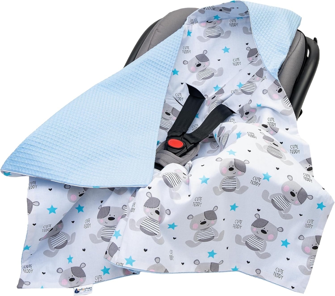 Medi Partners Einschlagdecke Baby Babyschale 100% Baumwolle für Sommer 85x85 cm Kinderwagen Kuscheldecke universal Baby Decke Einschlagdecken Babydecke Buggy Autositz (Teddybär mit hellblauen Waffel) Bild 1