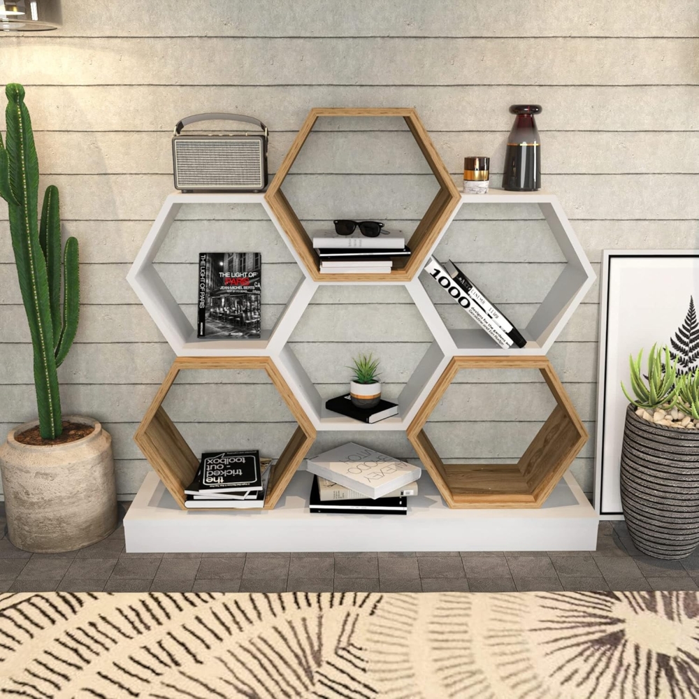 Modern Bookshelf, White & Oak, 120 x 29.5 x 109 cm | 100% Melamine Coated Particle Board, 18 mm Thick | Stylish Storage for Home & Office Bild 1