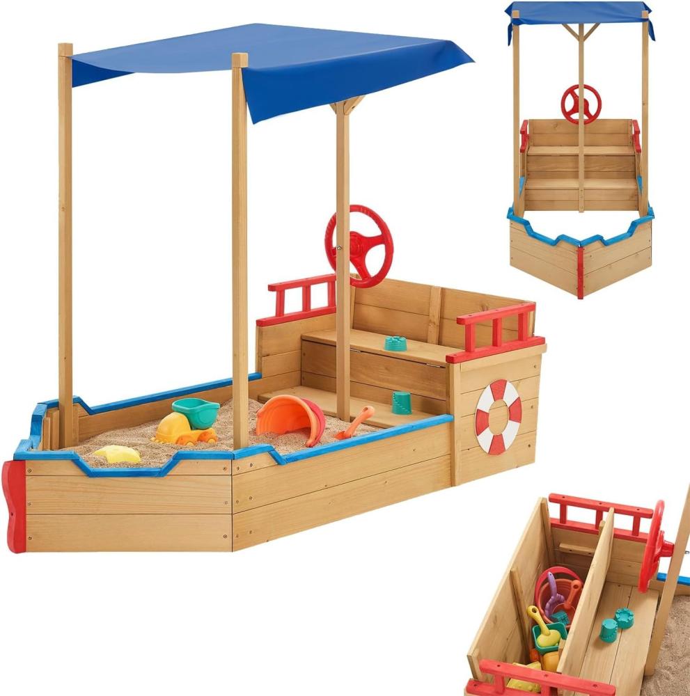 Juskys Sandkasten Käpt’n Pit - Piratenschiff Boot aus Holz - große Kinder Sandkiste für Garten mit Bodenplane, Dach & Sitzbank - Outdoor Sandbox Bild 1