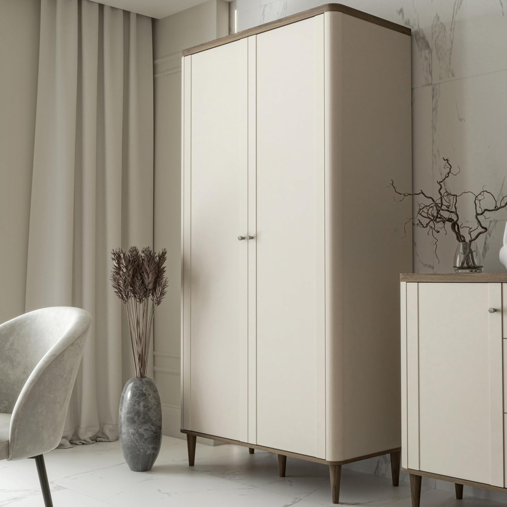 Forte LACETTI Kleiderschrank 100, moderner Schrank mit Skandi Lamellen Design, 2-türig, Schlafzimmer, Kaschmir | Beige mit Valencia Eiche Holzdekor, 100,1 cm breit x 200,5 cm hoch x 52,7 cm tief Bild 1