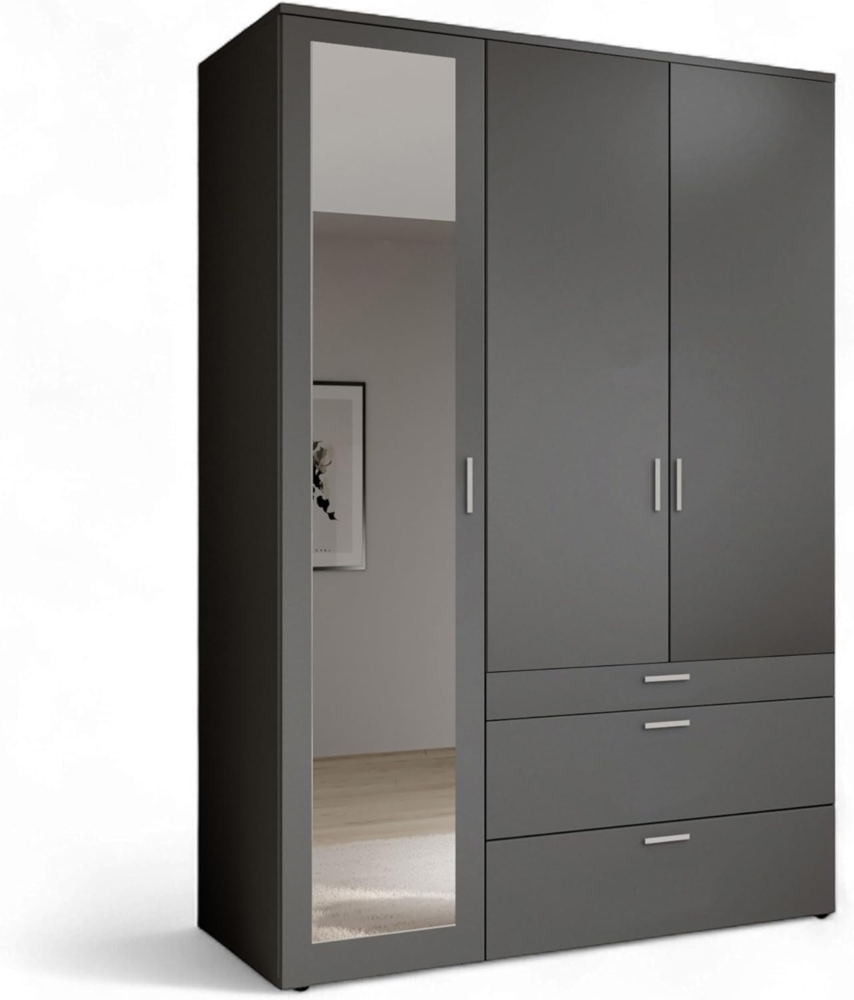 Stella Trading VESALA Kleiderschrank mit Spiegeltür in Graphit - Vielseitiger Drehtürenschrank 3-türig für Ihr Schlafzimmer - 135 x 195 x 56 cm (B/H/T) Bild 1