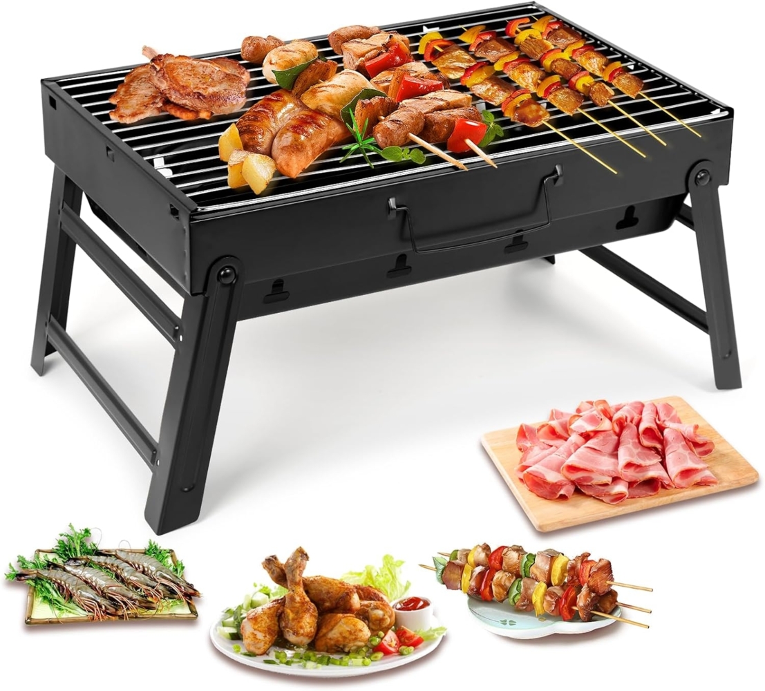 Holzkohlegrills Tragbarer Grill Edelstahl Holzkohle Smoker Char Broil BBQ Pit Grill für Outdoor Camping (Mittel), Schwarz Bild 1