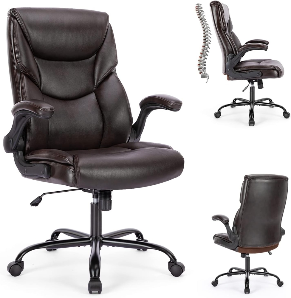 Sweetcrispy Chefsessel PU Leder Bürostuhl Ergonomisch, Schreibtischstuhl mit Armlehnen, Ergonomischer Computerstuhl mit Hoher Rückenlehne, Gaming PC Drehstuhl für Arbeit Ruhe, Dunkel Braun Bild 1