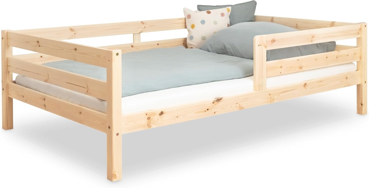 Ehrenkind Kinderbett aus massivem Kiefernholz mit Rausfallschutz in Natur und Weiß (Jugendbett in Natur, Kinder Bett), Kinderbett 90x200 cm Bild 1