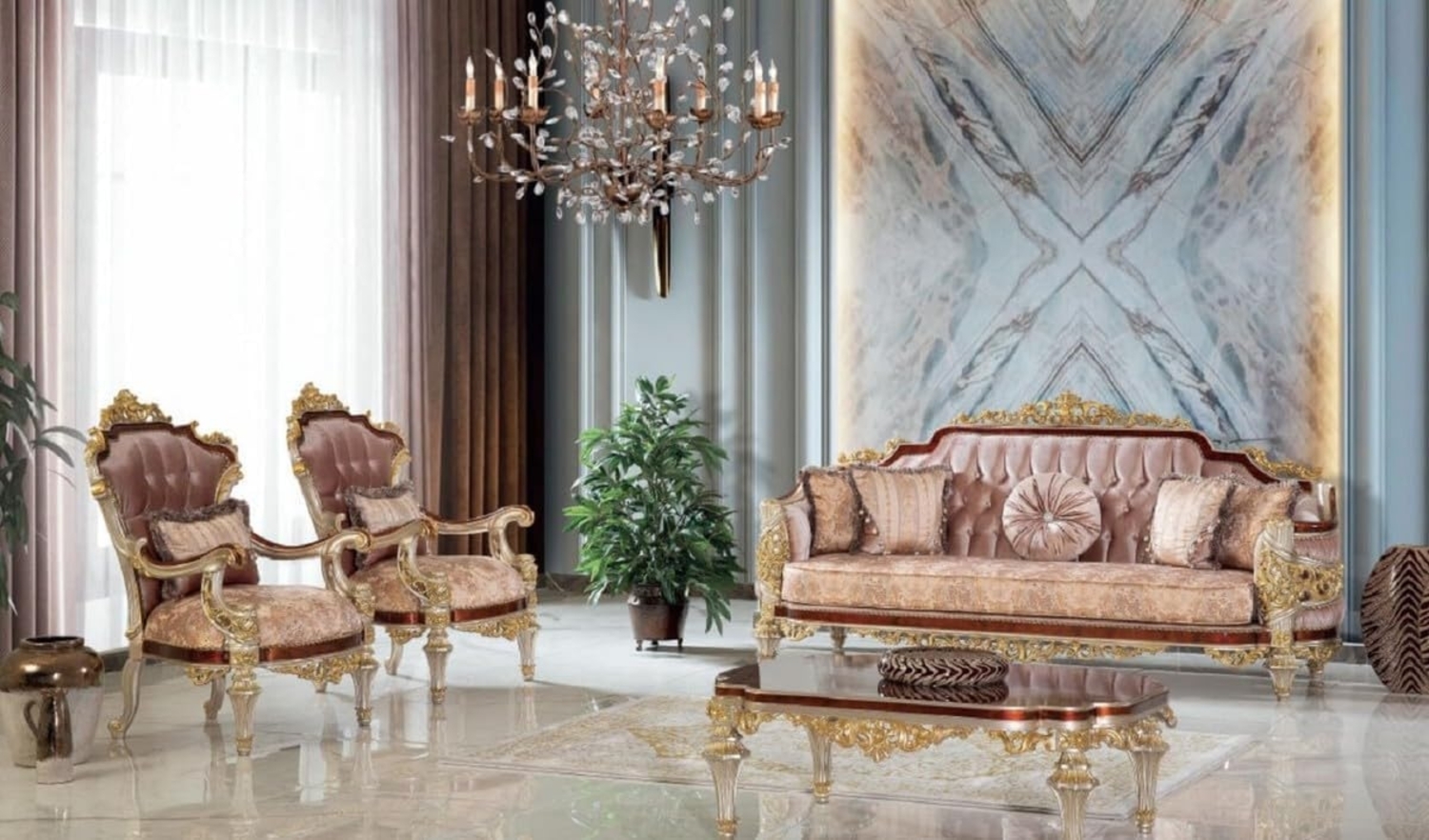 Casa Padrino Luxus Barock Wohnzimmer Set Rosa / Braun / Silber / Gold - 2 Sofas & 2 Sessel & 1 Couchtisch - Handgefertigte Wohnzimmer Möbel im Barockstil - Edel & Prunkvoll Bild 1