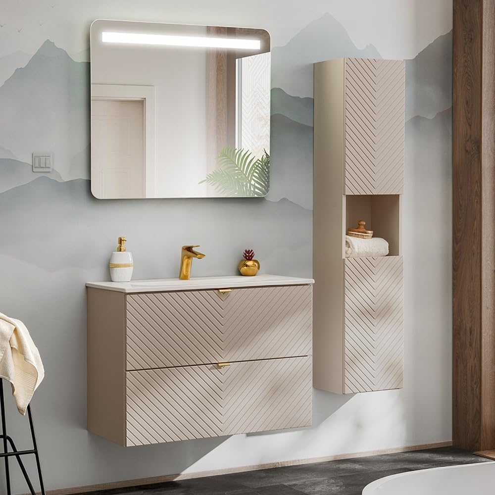 Lomadox Badmöbel-Set VERACRUZ-56, (Spar-Set, 3-St, LED-Spiegel Waschtisch Hochschrank), mit 80cm Waschbecken, kaschmir, gerillte Front Bild 1